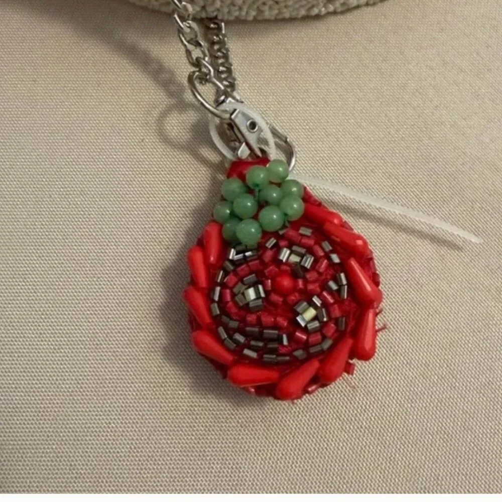 Handcrafted in India Beaded Bag Tomatoes Gingham Interior w Charm NWT